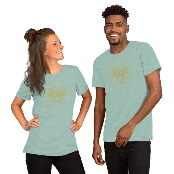 sovereignarm.com Heather Prism Dusty Blue / XS Zodiac Taurus, I am | Gold Print Short-Sleeve Unisex T-Shirt