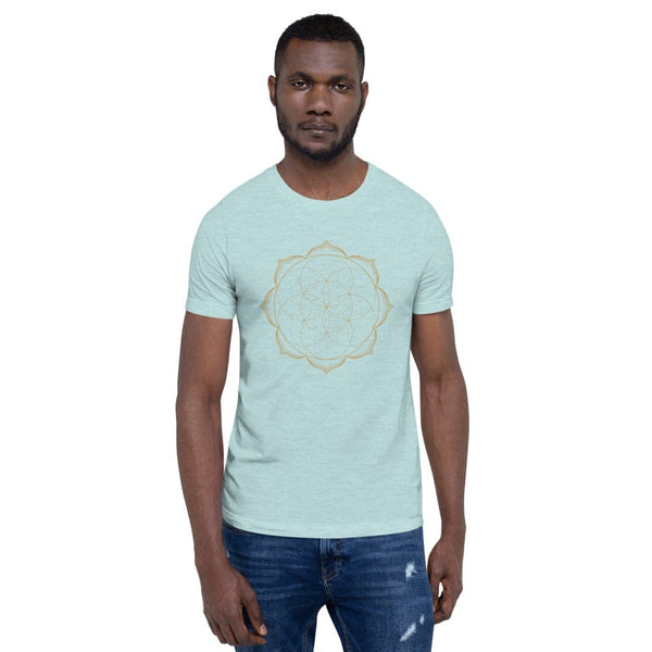 sovereignarm.com Heather Prism Ice Blue / XS Flower of life lotus | Gold Print Short-Sleeve Unisex T-Shirt