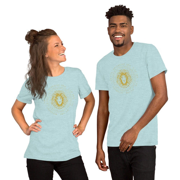 sovereignarm.com Heather Prism Ice Blue / XS Zodiac Leo, I am | Gold Print Short-Sleeve Unisex T-Shirt