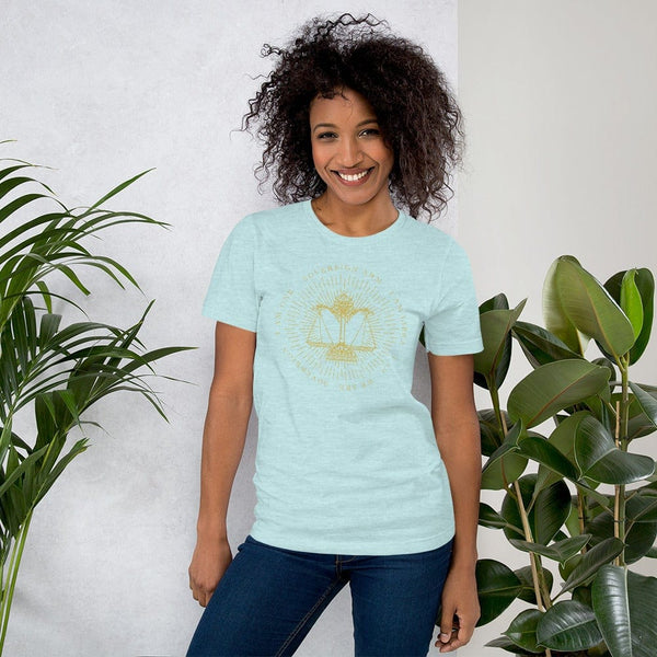 sovereignarm.com Heather Prism Ice Blue / XS Zodiac Libra, I am | Gold Print Short-Sleeve Unisex T-Shirt