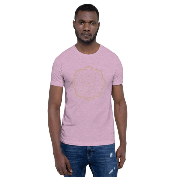 sovereignarm.com Heather Prism Lilac / XS Flower of life lotus | Gold Print Short-Sleeve Unisex T-Shirt