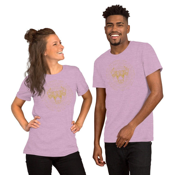 sovereignarm.com Heather Prism Lilac / XS Zodiac Taurus, I am | Gold Print Short-Sleeve Unisex T-Shirt