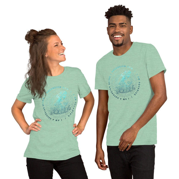 sovereignarm.com Heather Prism Mint / XS Zodiac Aquarius, I am a sovereign being | Water Print Short-Sleeve Unisex T-Shirt