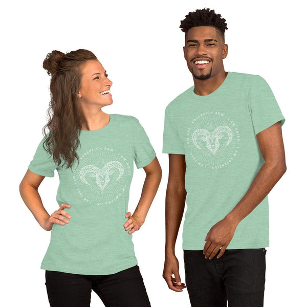 sovereignarm.com Heather Prism Mint / XS Zodiac Aries | White Print Short-Sleeve Unisex T-Shirt