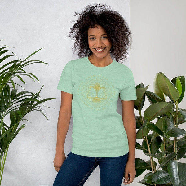 sovereignarm.com Heather Prism Mint / XS Zodiac Libra, I am | Gold Print Short-Sleeve Unisex T-Shirt