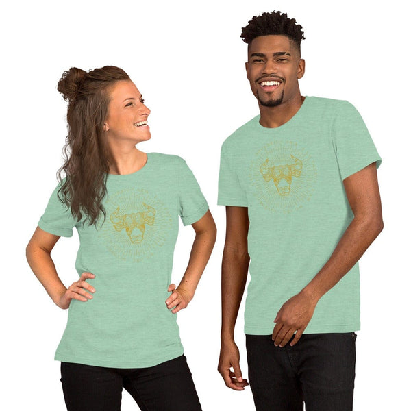 sovereignarm.com Heather Prism Mint / XS Zodiac Taurus, I am | Gold Print Short-Sleeve Unisex T-Shirt