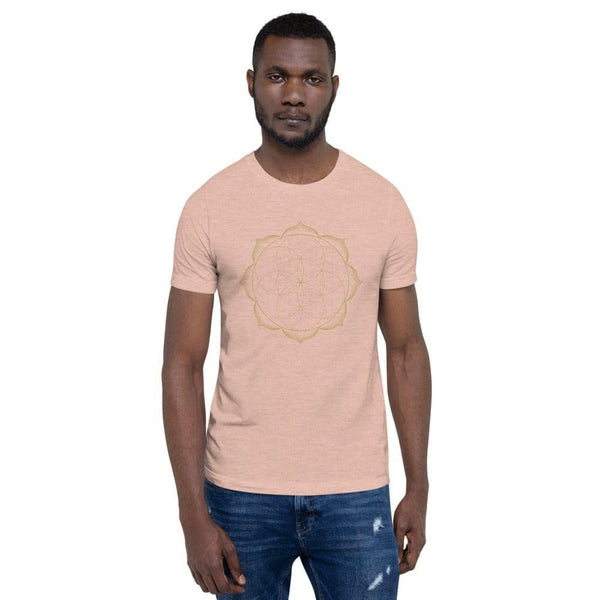 sovereignarm.com Heather Prism Peach / XS Flower of life lotus | Gold Print Short-Sleeve Unisex T-Shirt