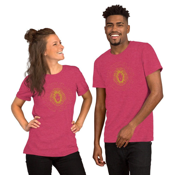 sovereignarm.com Heather Raspberry / S Zodiac Leo, I am | Gold Print Short-Sleeve Unisex T-Shirt