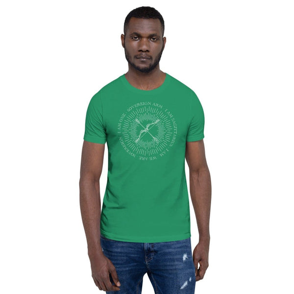 sovereignarm.com Kelly / XS Zodiac Sagittarius, I am | White Print Short-Sleeve Unisex T-Shirt