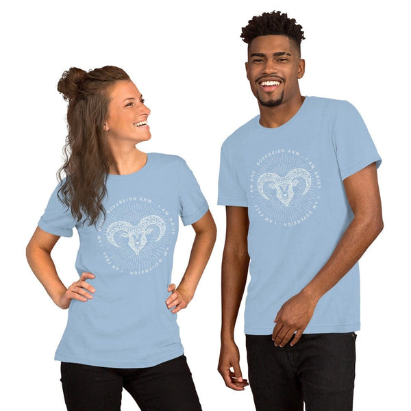 sovereignarm.com Light Blue / XS Zodiac Aries | White Print Short-Sleeve Unisex T-Shirt