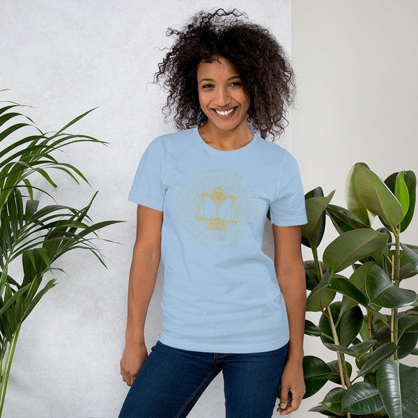 sovereignarm.com Light Blue / XS Zodiac Libra, I am | Gold Print Short-Sleeve Unisex T-Shirt