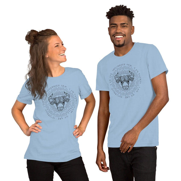 sovereignarm.com Light Blue / XS Zodiac Taurus, I am | Black Print Short-Sleeve Unisex T-Shirt