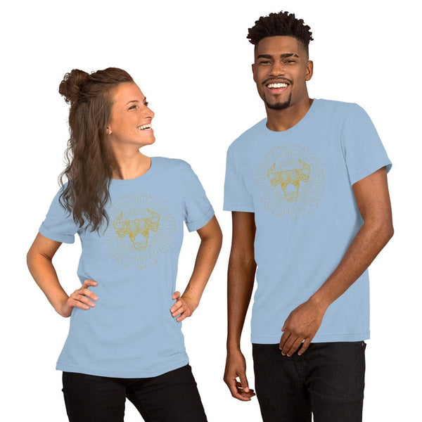 sovereignarm.com Light Blue / XS Zodiac Taurus, I am | Gold Print Short-Sleeve Unisex T-Shirt