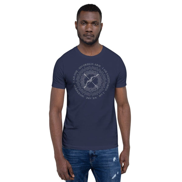 sovereignarm.com Navy / XS Zodiac Sagittarius, I am | White Print Short-Sleeve Unisex T-Shirt