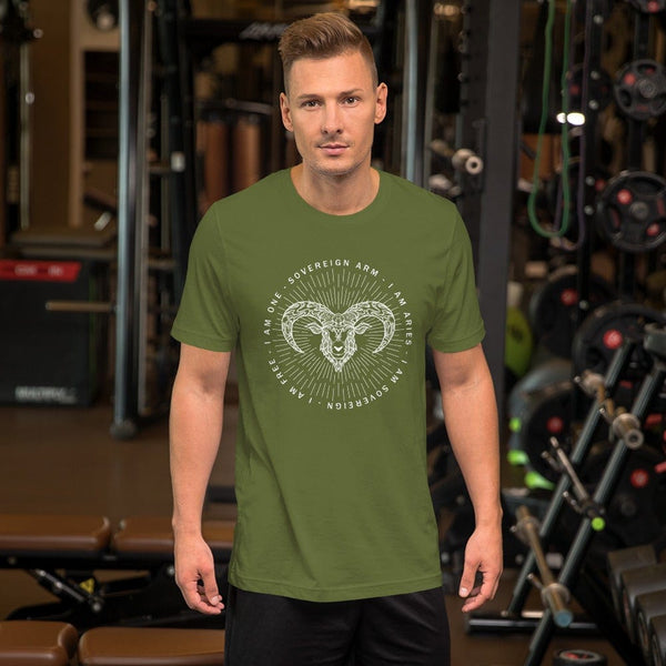 sovereignarm.com Olive / S Zodiac Aries | White Print Short-Sleeve Unisex T-Shirt