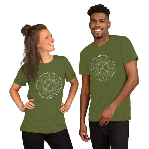 sovereignarm.com Olive / S Zodiac Sagittarius, I am sovereign | White Print Short-Sleeve Unisex T-Shirt