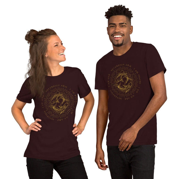 sovereignarm.com Oxblood Black / S Zodiac Pisces, I am | Gold Print Short-Sleeve Unisex T-Shirt