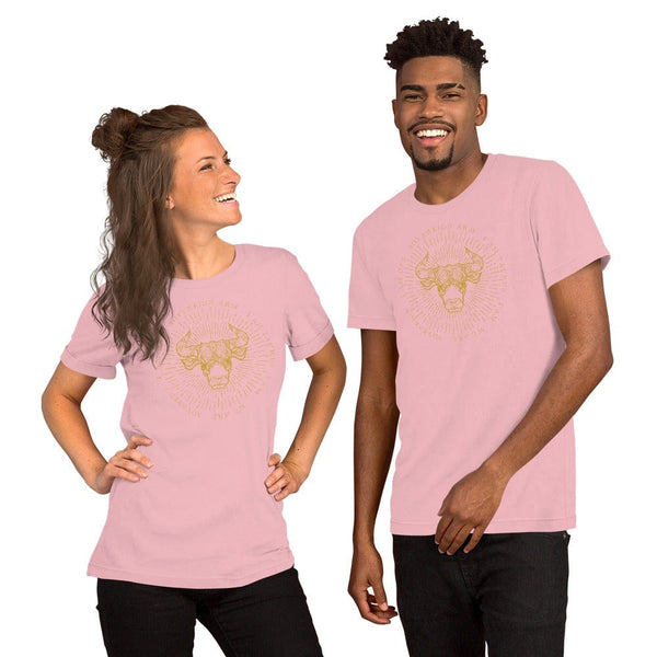 sovereignarm.com Pink / S Zodiac Taurus, I am | Gold Print Short-Sleeve Unisex T-Shirt