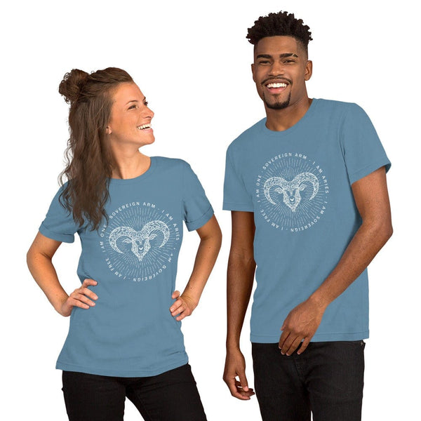 sovereignarm.com Steel Blue / S Zodiac Aries | White Print Short-Sleeve Unisex T-Shirt