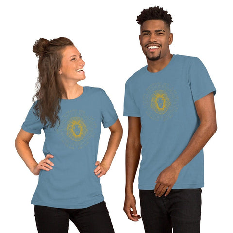 sovereignarm.com Steel Blue / S Zodiac Leo, I am | Gold Print Short-Sleeve Unisex T-Shirt