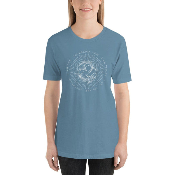 sovereignarm.com Steel Blue / S Zodiac Pisces, I am | White Print Short-Sleeve Unisex T-Shirt