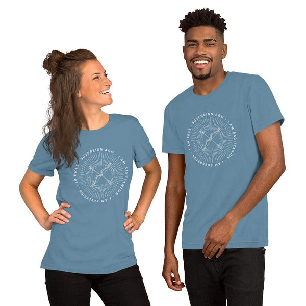 sovereignarm.com Steel Blue / S Zodiac Sagittarius, I am sovereign | White Print Short-Sleeve Unisex T-Shirt