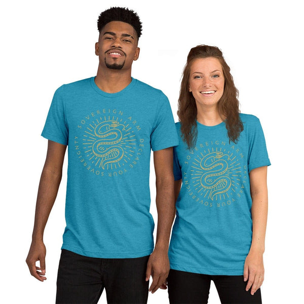 sovereignarm.com t-shirt Aqua Triblend / XS Kundalini Rising, Declare your sovereignty, Don't Tread on me | Gold Short sleeve t-shirt