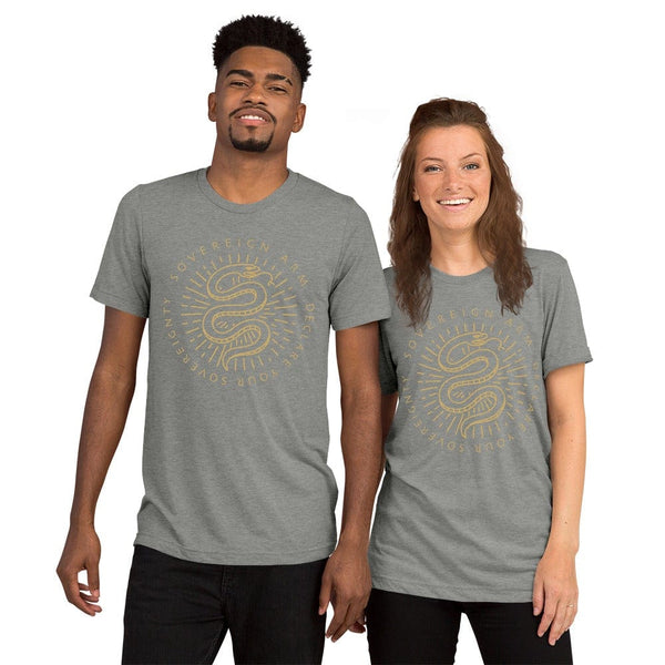 sovereignarm.com t-shirt Athletic Grey Triblend / XS Kundalini Rising, Declare your sovereignty, Don't Tread on me | Gold Short sleeve t-shirt