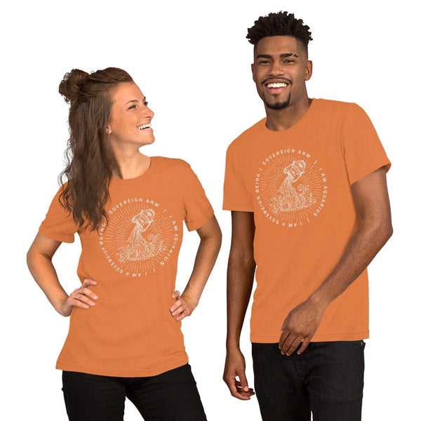 sovereignarm.com t-shirt Burnt Orange / XS Zodiac Aquarius, I am a sovereign being | White Print Short-Sleeve Unisex T-Shirt