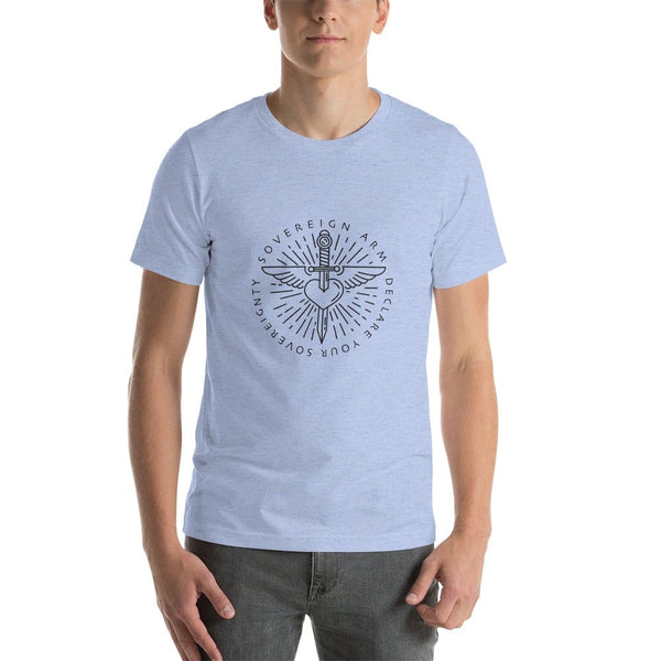 sovereignarm.com t-shirt Heather Blue / S Sword heart, Sovereign Arm, Declare your Sovereignty, Black Short-Sleeve Unisex T-Shirt