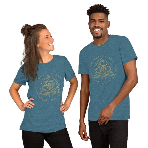 sovereignarm.com t-shirt Heather Deep Teal / S Third Eye, Declare Your Sovereignty | Gold Print Short-Sleeve Unisex T-Shirt