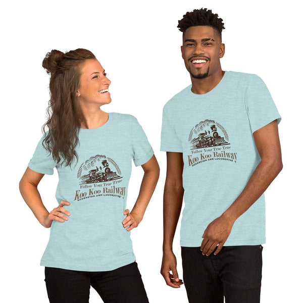 sovereignarm.com t-shirt Heather Prism Ice Blue / XS Koo Koo Railway, Follow your True True | Brown Print Short-Sleeve Unisex T-Shirt