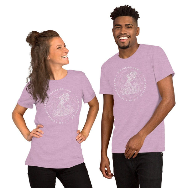 sovereignarm.com t-shirt Heather Prism Lilac / XS Zodiac Aquarius, I am a sovereign being | White Print Short-Sleeve Unisex T-Shirt