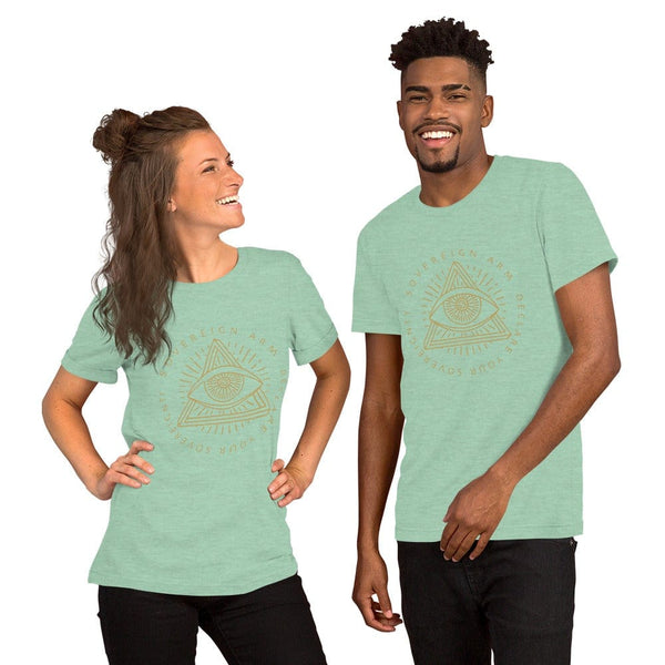 sovereignarm.com t-shirt Heather Prism Mint / XS Third Eye, Declare Your Sovereignty | Gold Print Short-Sleeve Unisex T-Shirt