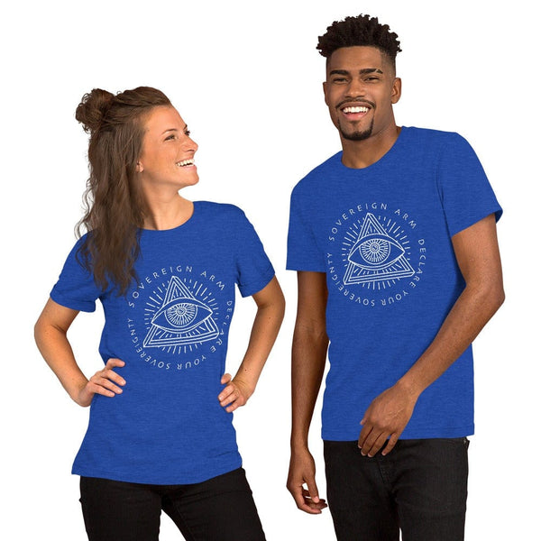 sovereignarm.com t-shirt Heather True Royal / S Third Eye, Declare Your Sovereignty | White Print Short-Sleeve Unisex T-Shirt