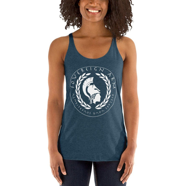 sovereignarm.com t-shirt Indigo / XS Goddess Athena, Declare your Sovereignty | White Print Women's Racerback Tank