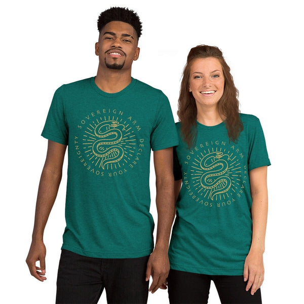 sovereignarm.com t-shirt Teal Triblend / XS Kundalini Rising, Declare your sovereignty, Don't Tread on me | Gold Short sleeve t-shirt