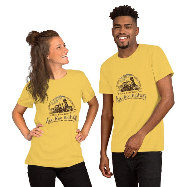 sovereignarm.com t-shirt Yellow / S Koo Koo Railway, Follow your True True | Brown Print Short-Sleeve Unisex T-Shirt