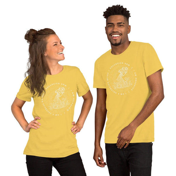 sovereignarm.com t-shirt Yellow / S Zodiac Aquarius, I am a sovereign being | White Print Short-Sleeve Unisex T-Shirt