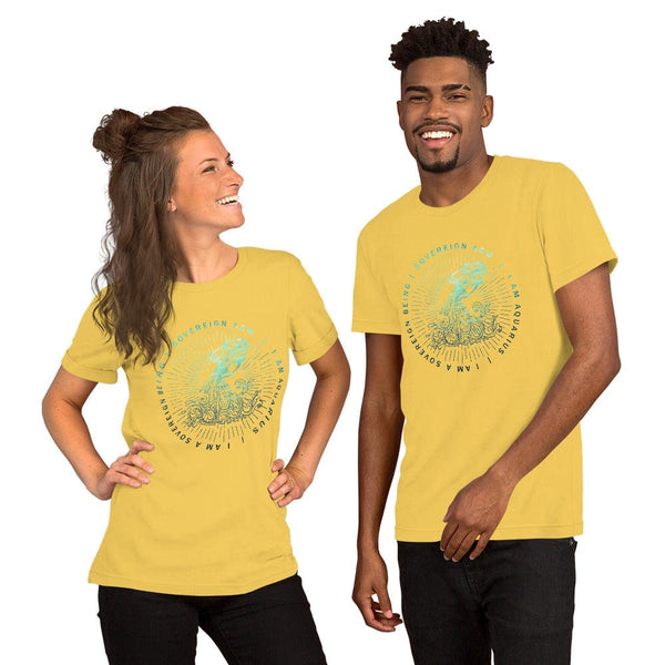 sovereignarm.com Yellow / S Zodiac Aquarius, I am a sovereign being | Water Print Short-Sleeve Unisex T-Shirt