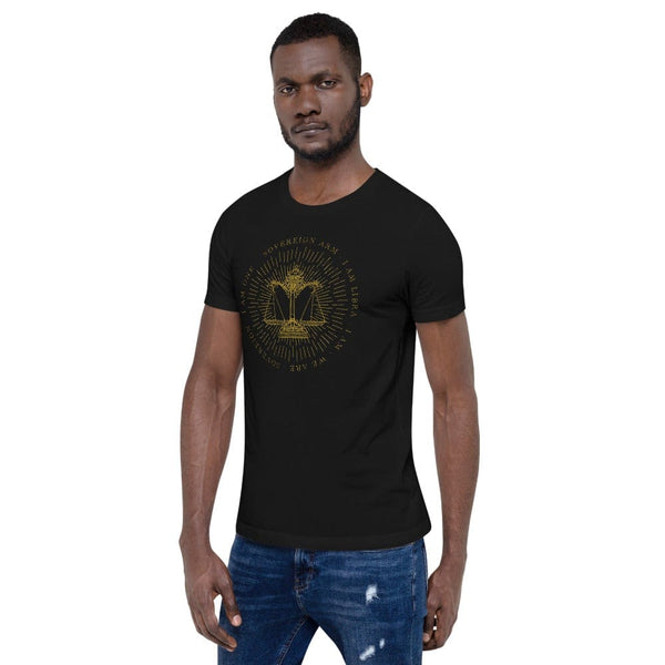 sovereignarm.com Zodiac Libra, I am | Gold Print Short-Sleeve Unisex T-Shirt