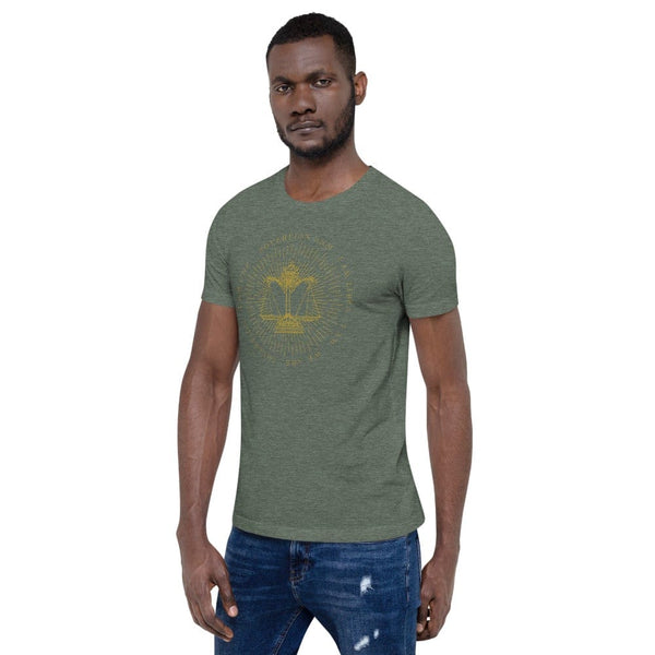 sovereignarm.com Zodiac Libra, I am | Gold Print Short-Sleeve Unisex T-Shirt