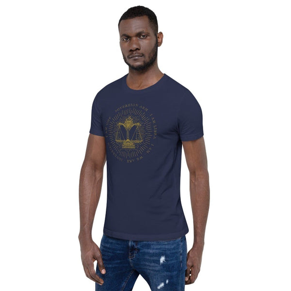 sovereignarm.com Zodiac Libra, I am | Gold Print Short-Sleeve Unisex T-Shirt