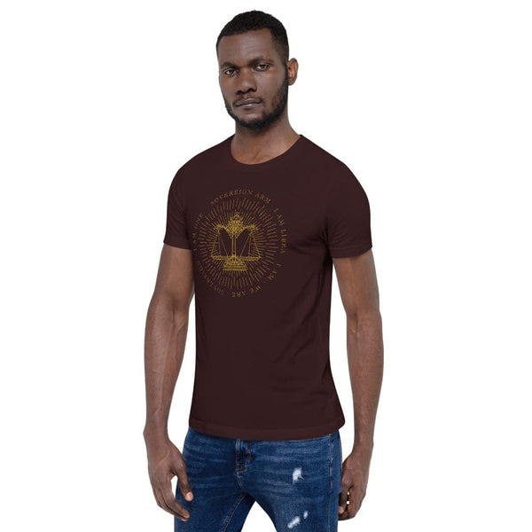 sovereignarm.com Zodiac Libra, I am | Gold Print Short-Sleeve Unisex T-Shirt